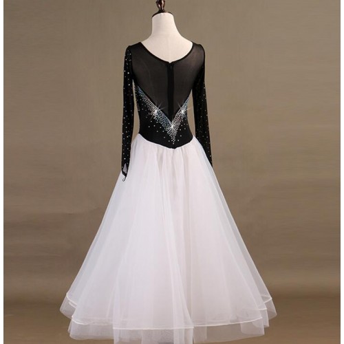 Modern dance ballroom dresses for female women's waltz tango professional competition long sleeves black and white dress